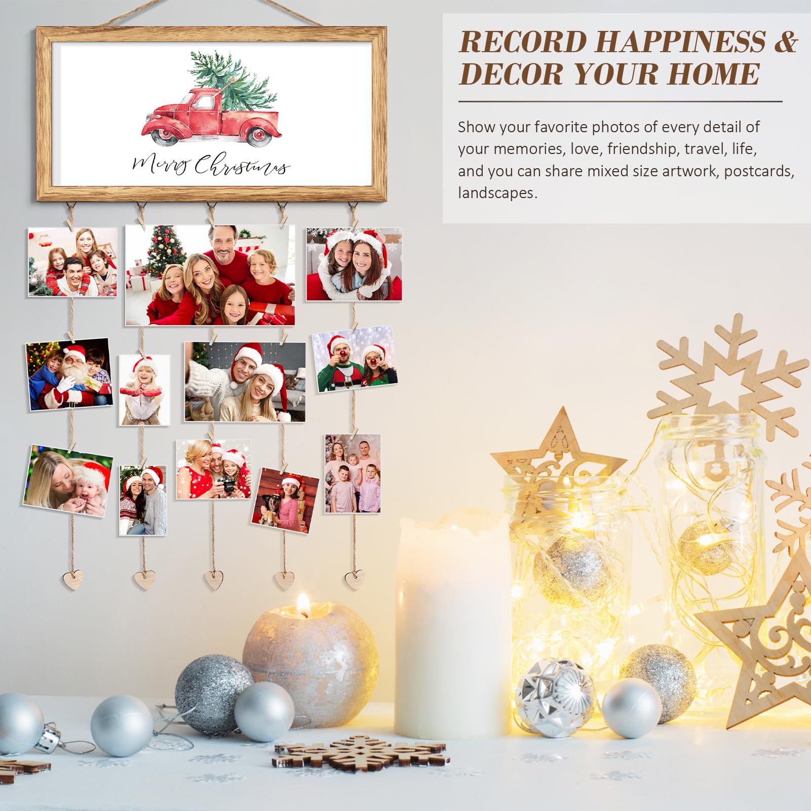 Wooden Christmas Card Holder Display - Wall Hanging Photo Clip Organizer for Holiday Greeting Cards | Merry Christmas Sign & Family Wall Decor | Perfect for Living Room, Bedroom, Entryway Decorations | Great Gift Idea for Christmas