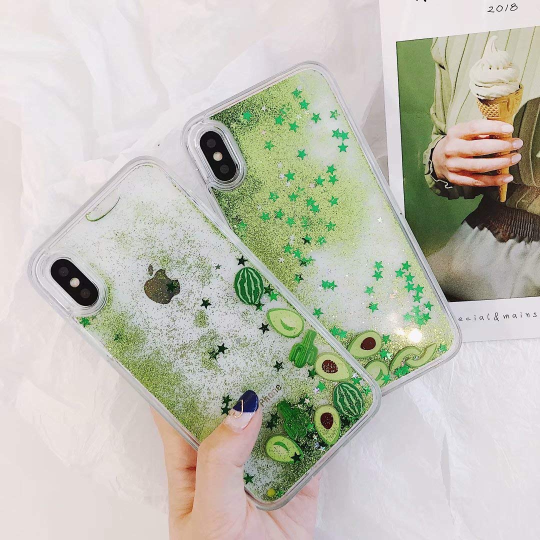 LUVI Liquid Glitter Case for iPhone 11 Pro Max - Sparkling Quicksand Avocado Star Design, Bling Crystal Protective Cover | Cute Fruit Theme (Watermelon, Cactus) | Perfect for Parties, Daily Use & Gift Giving