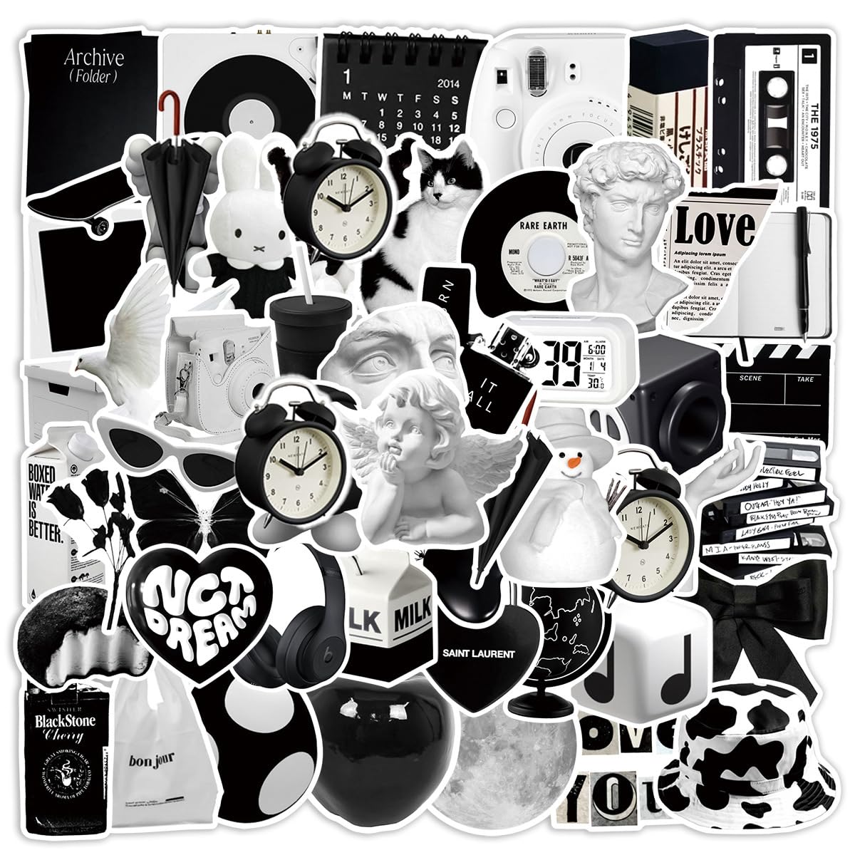50 PCS Aesthetic Black and White Waterproof Stickers - Cool & Cute Decals for Laptop, Fridge, Guitar, Car, Scrapbook, Skateboard, Suitcase, Motorcycle - Perfect for DIY Decoration & Personalization