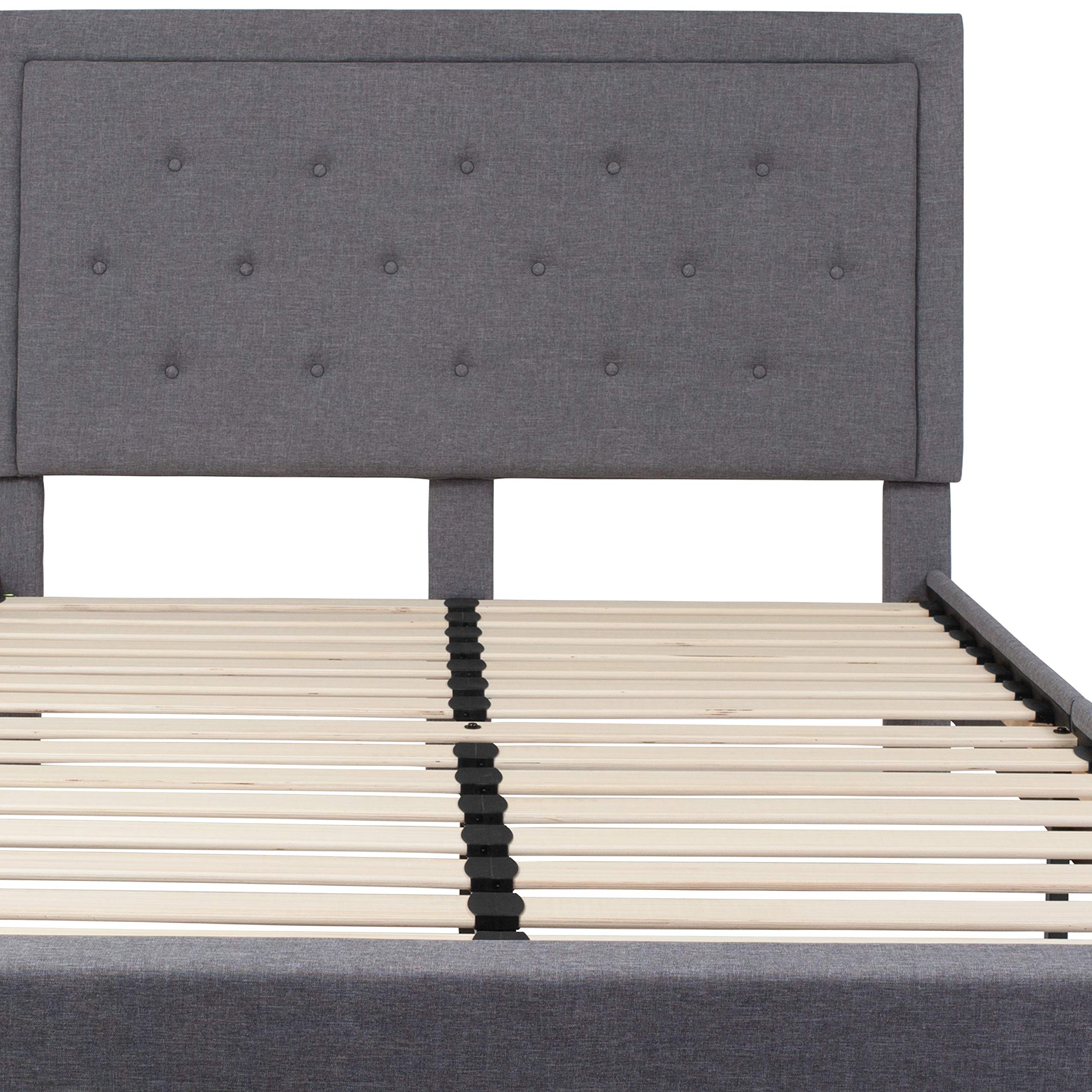 Flash Furniture Roxbury Queen Size Tufted Upholstered Platform Bed - Light Gray Fabric Upholstery for Modern Bedroom | Elegant Bed Frame with Sturdy Wooden Slats Support | Perfect for Master Bedroom, Guest Room or Apartment