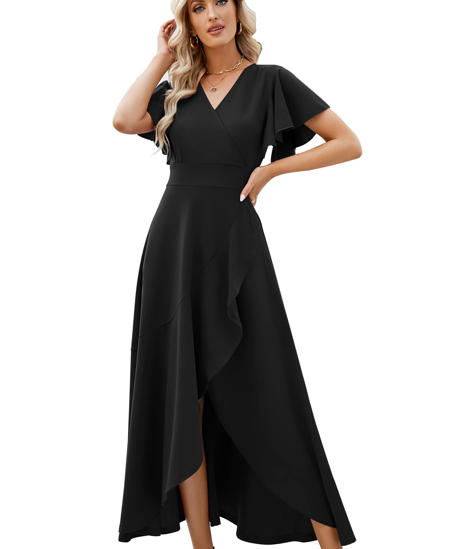 Elegant Long Black Formal Dresses for Women - V Neck Wrap Ruffle Evening Gown for Wedding Guest, Cocktail Party & Special Occasions