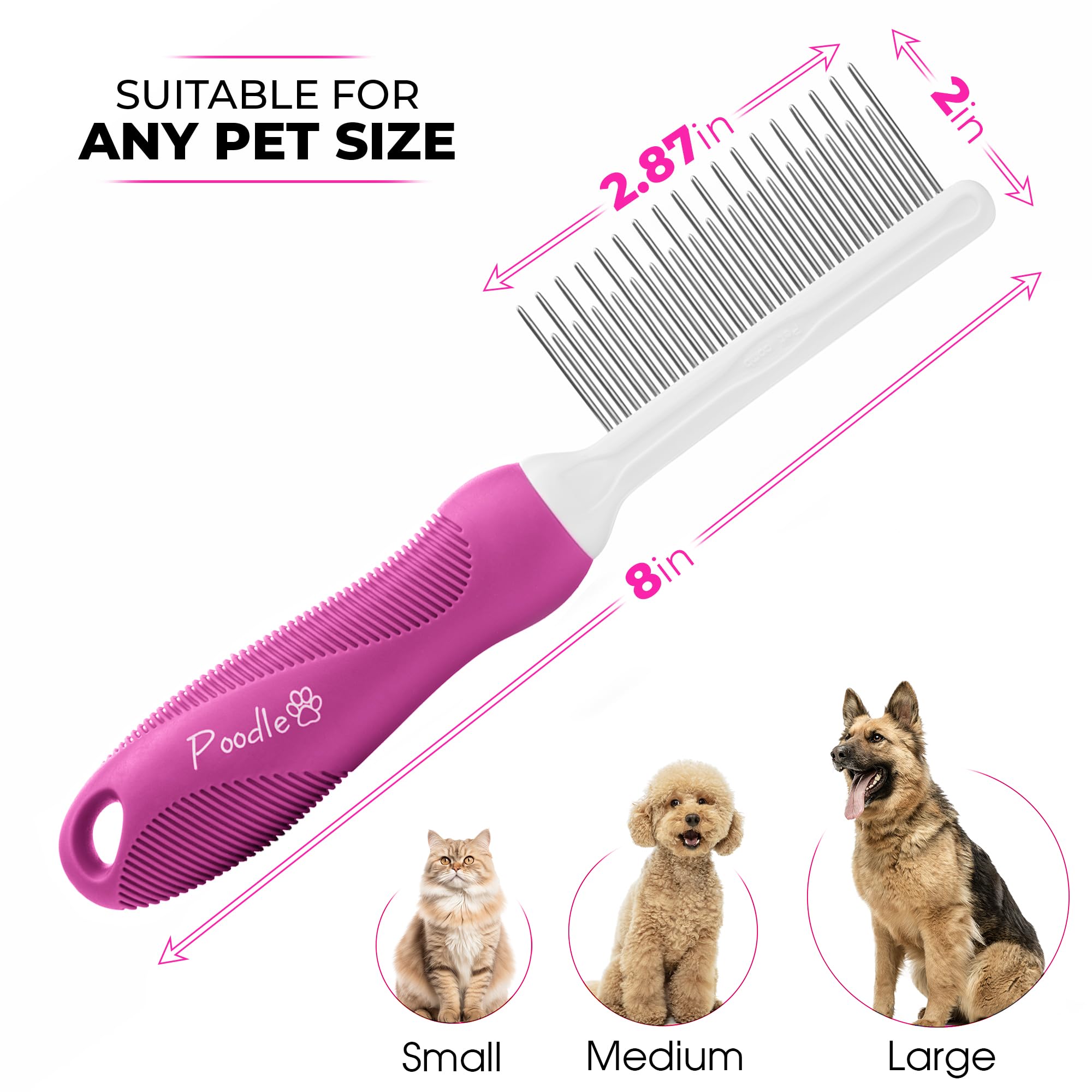 Premium Poodle Pet Comb with Stainless Steel Teeth - Detangling Brush for Dogs & Cats to Remove Matted Fur, Knots & Tangles - Safe & Gentle Grooming Tool for DIY Pet Care (Pink) - Perfect for Daily Brushing & Professional Grooming Sessions