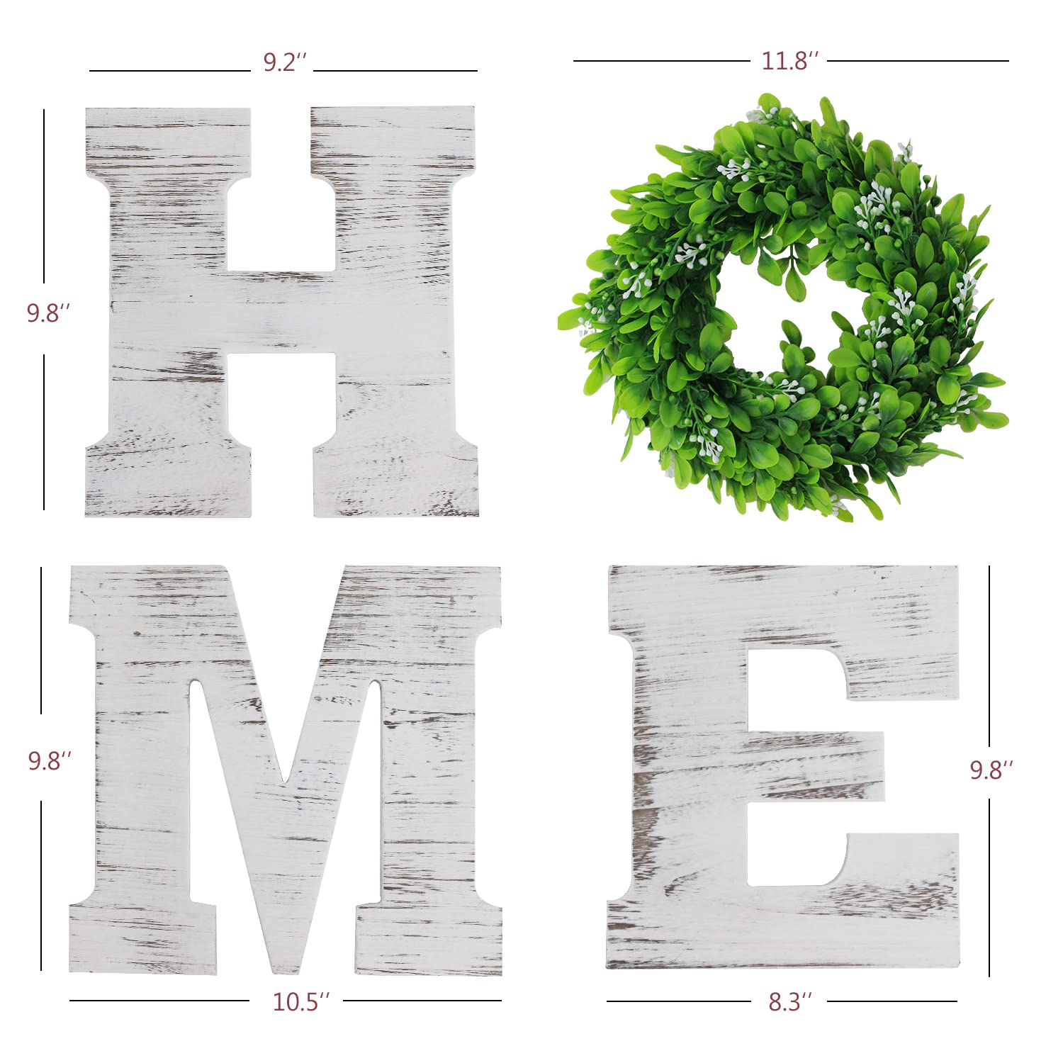 9.8 Inch Rustic Wooden Home Sign with Artificial Wreath - Wall Decor Letters H, M, E, O for Living Room, Front Door & Dining Room - White Farmhouse Style Home Decor Perfect for Housewarming Gifts & Cozy Interior Design