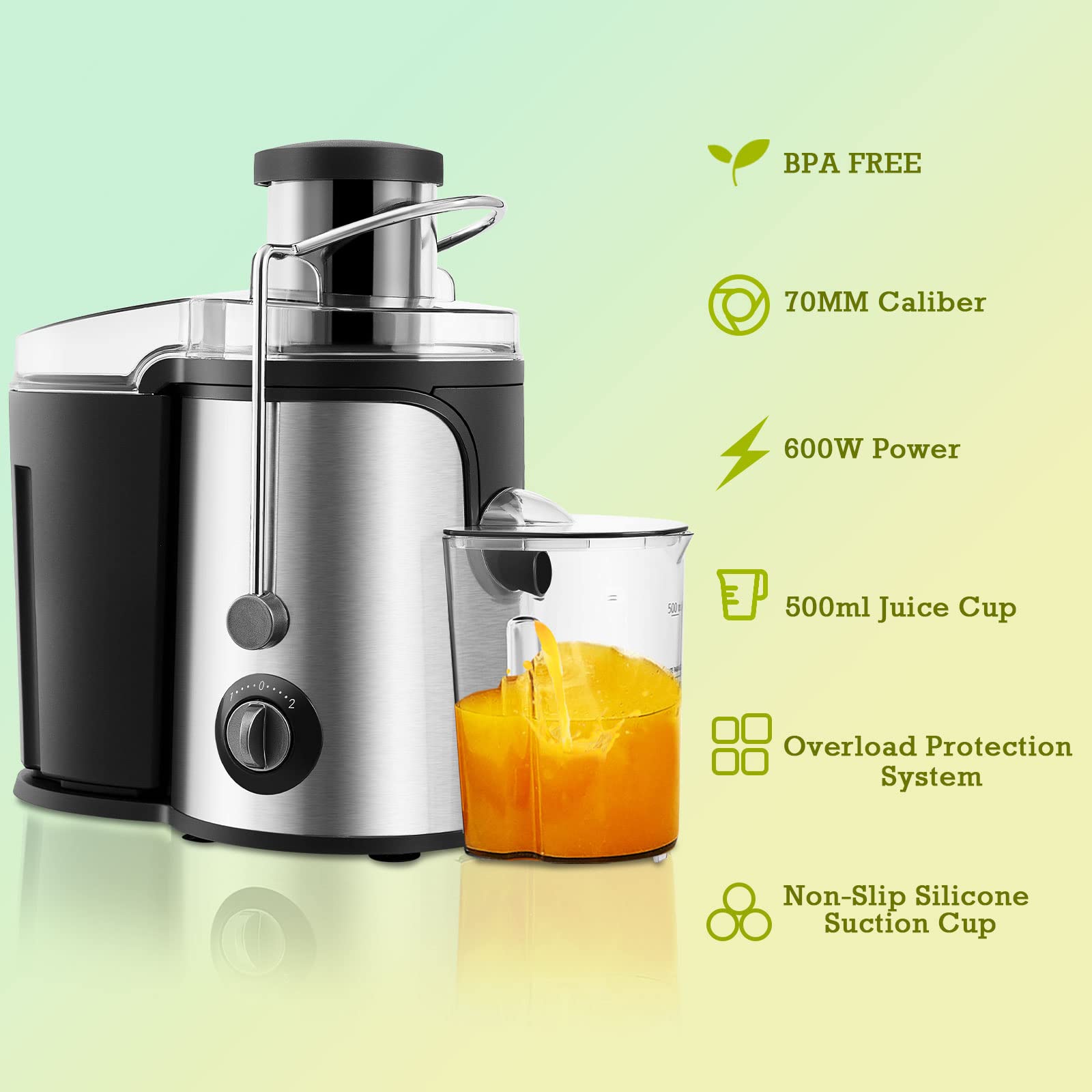 CLIPOP 600W Electric Juicer Machine - Wide Mouth Centrifugal Juicer for Whole Fruits & Vegetables, Stainless Steel Juice Extractor with Dual Speed & Overload Protection, Easy to Clean - Perfect for Healthy Juicing at Home, Gym or Office
