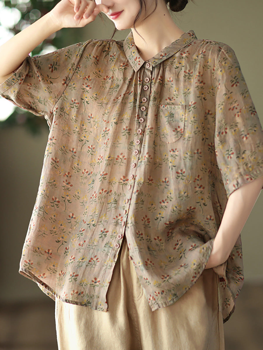 Vintage Floral Ramie Casual Summer Women's Shirt - Breathable & Stylish Blouse for Outdoor Activities, Beach Vacations & Everyday Wear