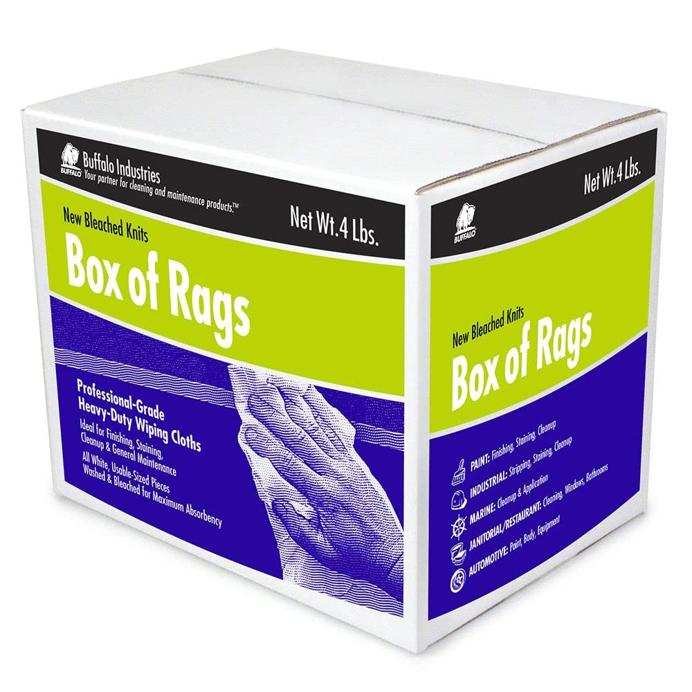 Buffalo Industries (12024) Premium White Bleached Knit Rags - 25 lb Box | Super Absorbent Low-Lint Cleaning Cloths | All-Purpose Wiping, Polishing & Dusting | Medium-Weight Washed T-Shirt Material | Ideal for Automotive, Workshop, Household & Industrial Cleaning