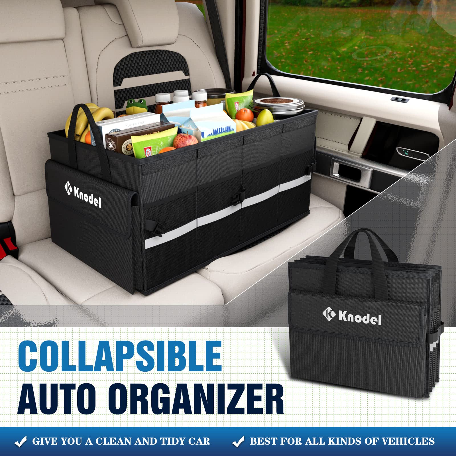 K KNODEL Collapsible Car Trunk Organizer with Lid - Waterproof SUV/Truck/Sedan Storage Box (2 Compartments, Black) | Perfect for Road Trips, Grocery Shopping & Sports Equipment Organization
