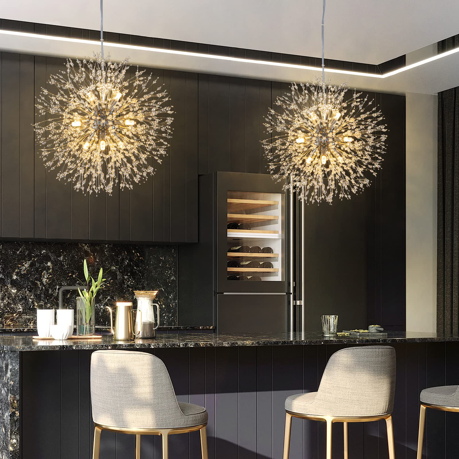 Modern Chandeliers Firework Dandelion Sputnik Chandelier - 9-Light Crystal Chrome Pendant Lighting Fixture for Kitchen Island, Dining Room, Bedroom & Living Room - Elegant Ceiling Light for Home Decor, Wedding & Restaurant Ambiance