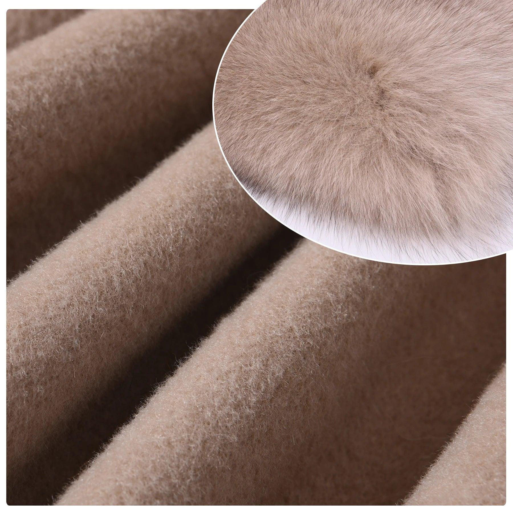 Luxury Women's Cashmere Wool Coat with Real Fur Collar - Winter Cropped Jacket, Full Sleeves & Pockets - Streetwear Outerwear for Cold Weather & Fashion Outings