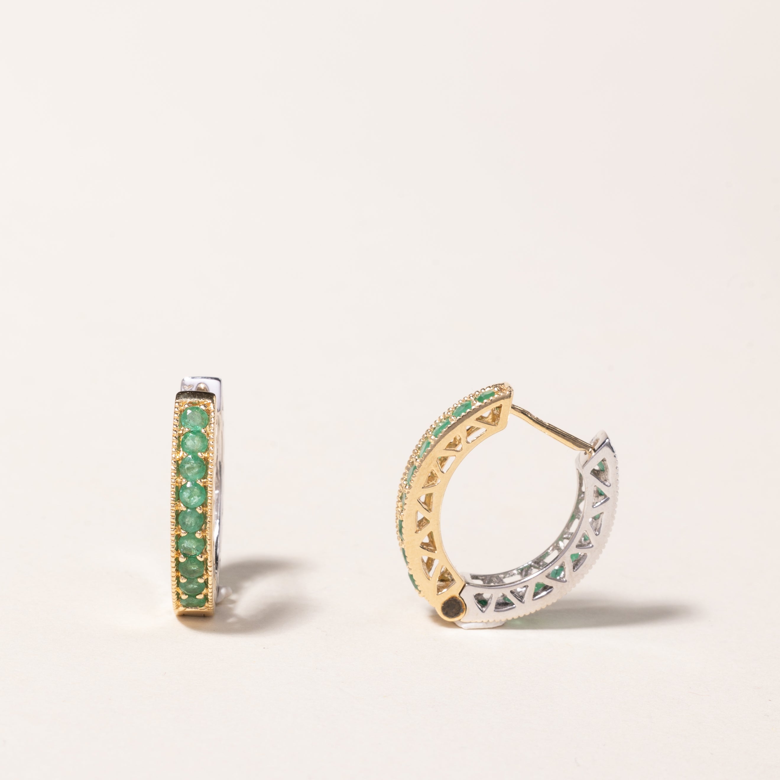 14K Two Tone Gold Emerald Hoop Earrings | 1.08ctw Genuine Emerald | Dainty Gold Hoops for Women | Perfect for Weddings, Parties & Everyday Wear