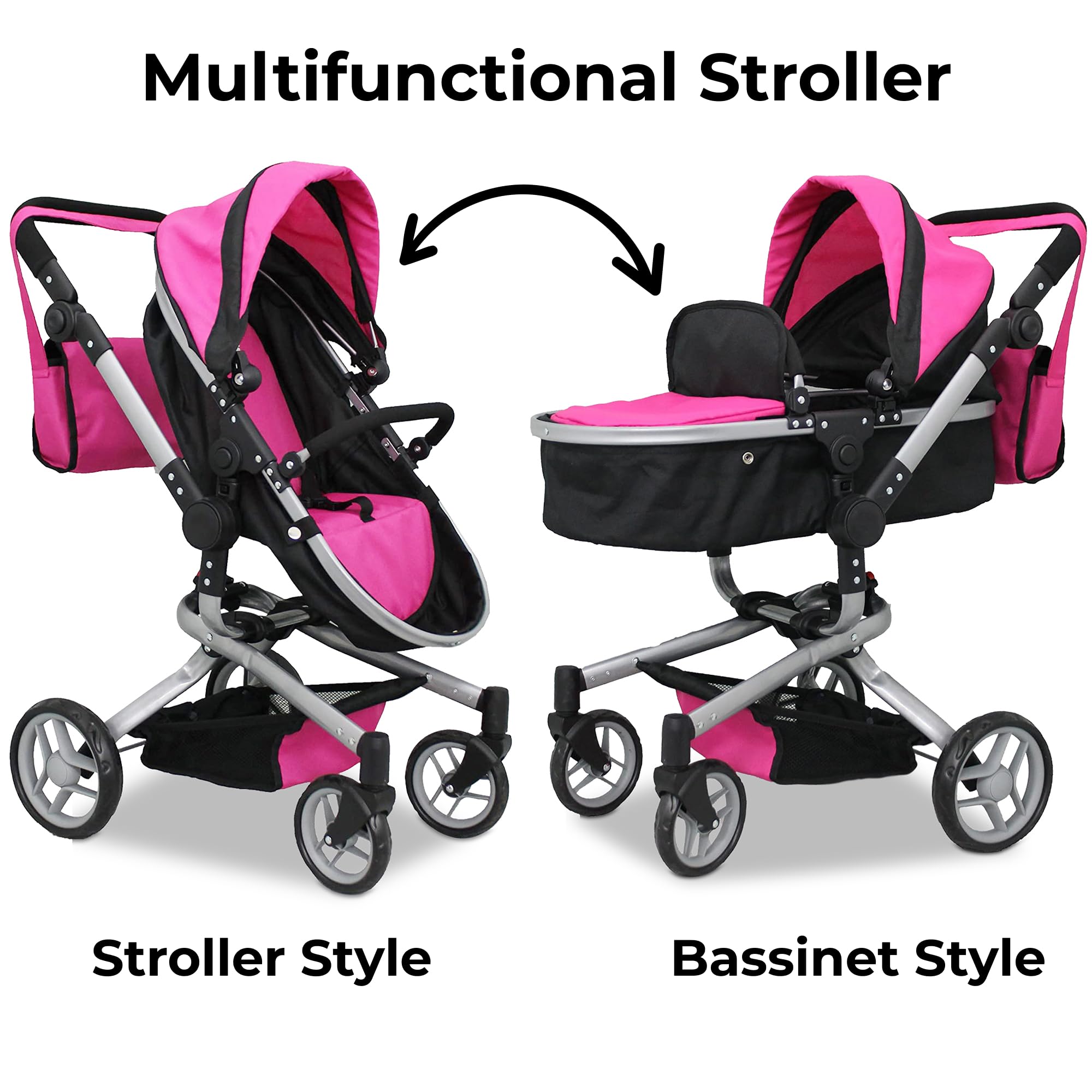 Deluxe 2-in-1 Mommy & Me Baby Doll Stroller with Diaper Bag - Foldable 32