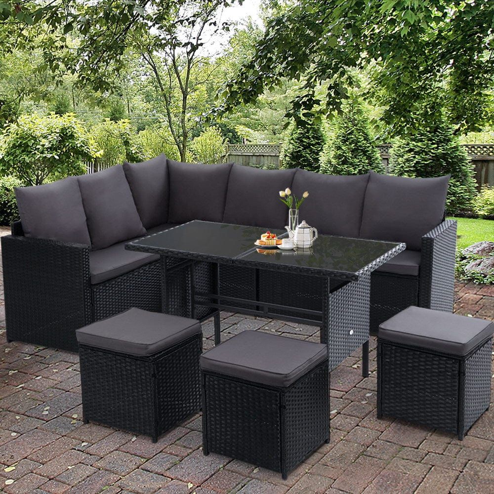 Premium Gardeon 9-Piece Outdoor Wicker Patio Furniture Set - Black Dining Table & Sofa Lounge Set for Backyard, Garden, Poolside & Deck