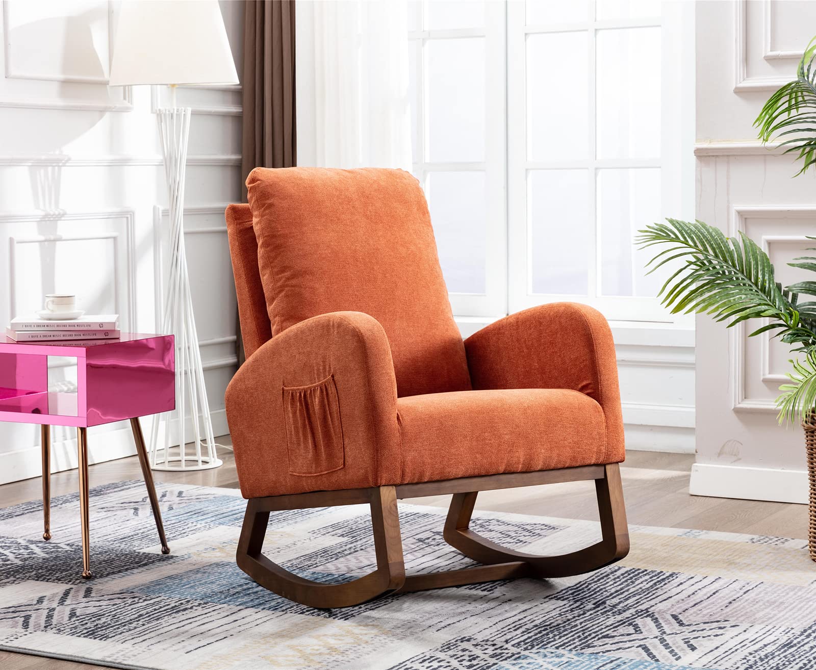Antetek Modern Upholstered Rocking Chair - Nursery Glider Rocker for Baby & Kids, Comfortable High Back Armchair with Side Pocket - Perfect for Living Room, Nursery, or Bedroom (Orange)
