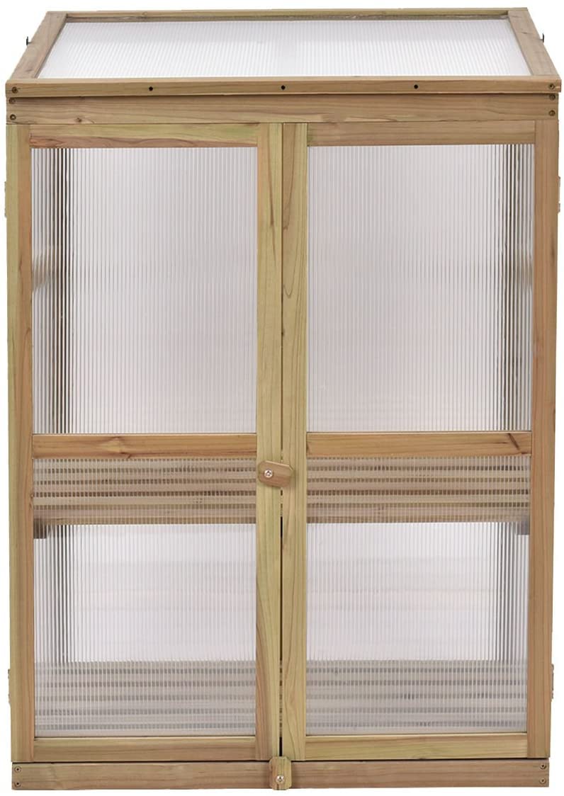 Hysache Portable Wooden Greenhouse Cold Frame - Garden Flower Planter with Openable Top & Side Doors, Removable Shelf & Hinges - Raised Bed for Outdoor Gardening, Balcony, Porch, Backyard - Perfect for Seed Starting, Plant Protection & Year-Round Growing