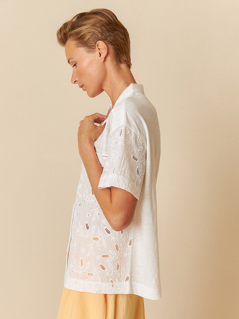Indi & Cold Cutwork Shirt in White | Elegant Embroidered Cotton Blouse for Women | Perfect for Summer Outfits, Beach Vacations & Boho Fashion