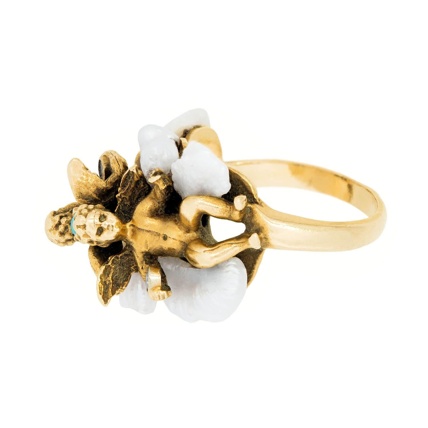 14K Gold Vintage Turquoise Diamond Pearl Angel Cherub Ring - Elegant Jewelry for Women, Perfect Gift for Valentine's Day, Anniversary & Special Occasions