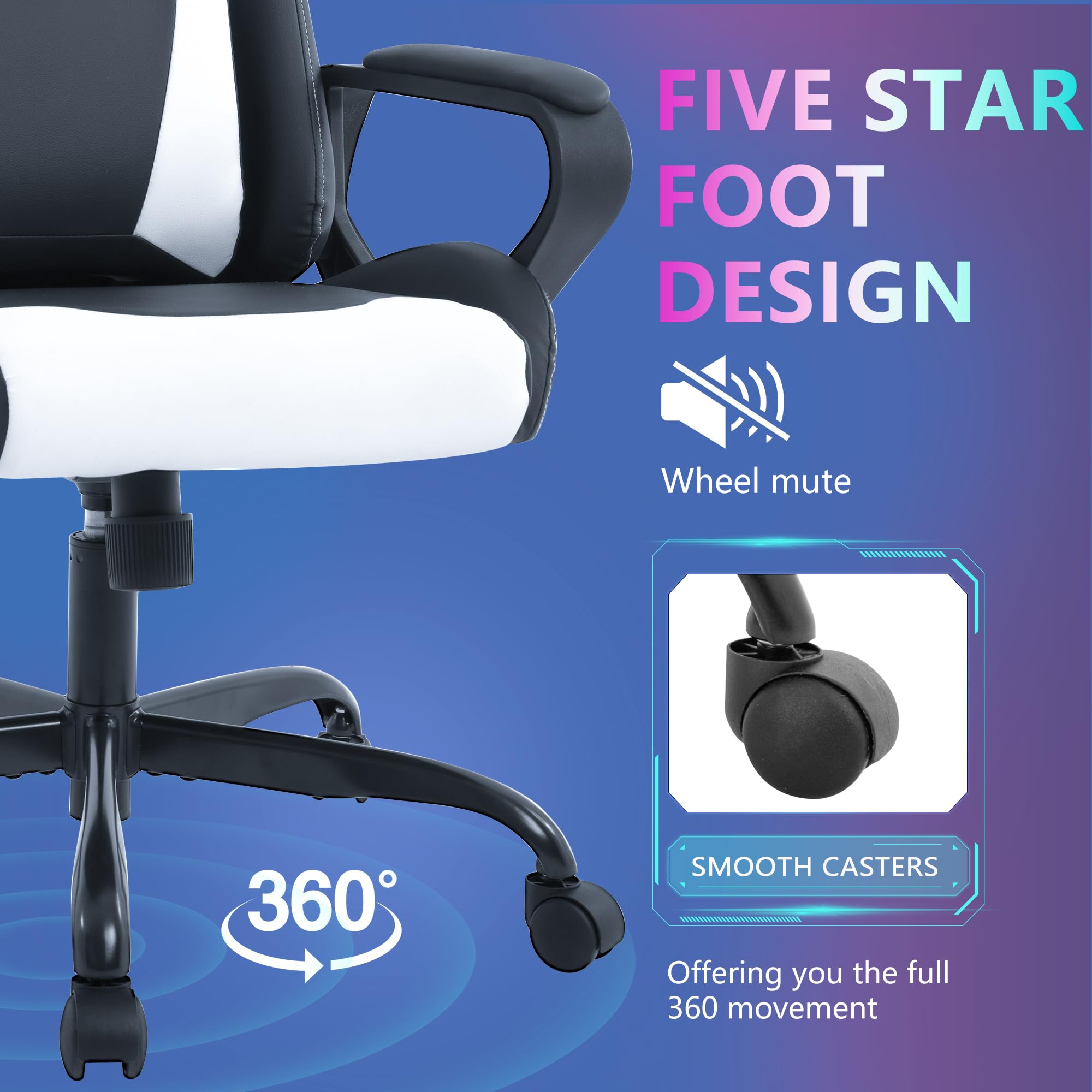 Ergonomic Gaming Chair - Racing Style Computer Desk Chair with Adjustable Armrests, 360° Swivel & Smooth Casters, PU Leather Executive Office Chair with Headrest & Lumbar Support for Back Pain Relief - Perfect for Home Office, Gaming Setup & Workstation (White)