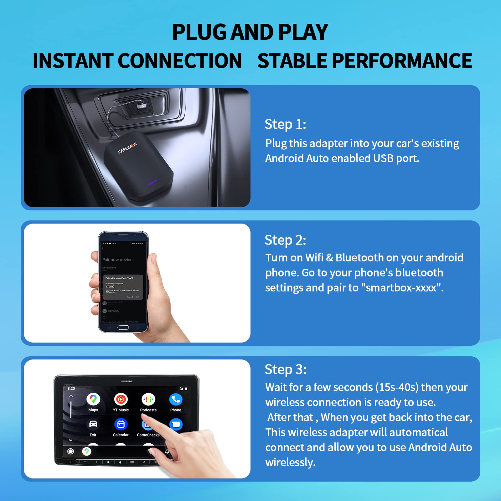 Wireless Android Auto Adapter for Car - Plug & Play Auto Connection - Stable Performance for Android Phones - Compatible with Wired Android Auto Vehicles | Perfect for Commuting, Road Trips & Hands-Free Driving