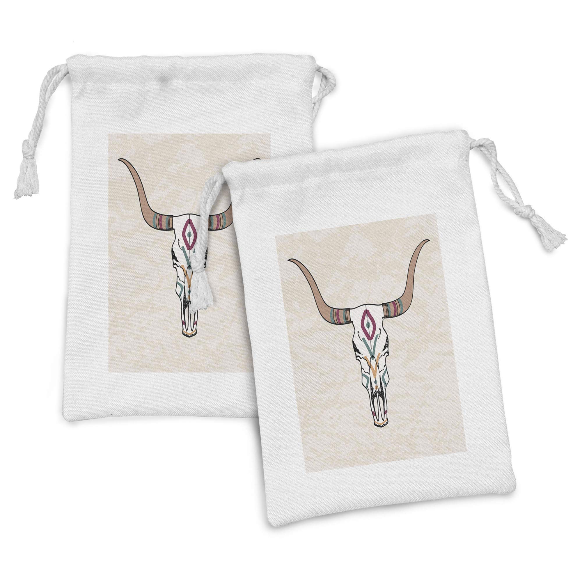 Ambesonne Rodeo Fabric Pouch Set of 2 - Tribal Bull Skull Aztec Pattern Drawstring Bags (9