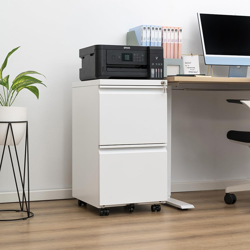Fully Assembled Rolling File Cabinet with Lock - Under Desk Metal Filing Cabinet for Home Office, Mobile Printer Stand for A4/Legal/Letter Files (White) - Perfect for Office Organization & Document Storage
