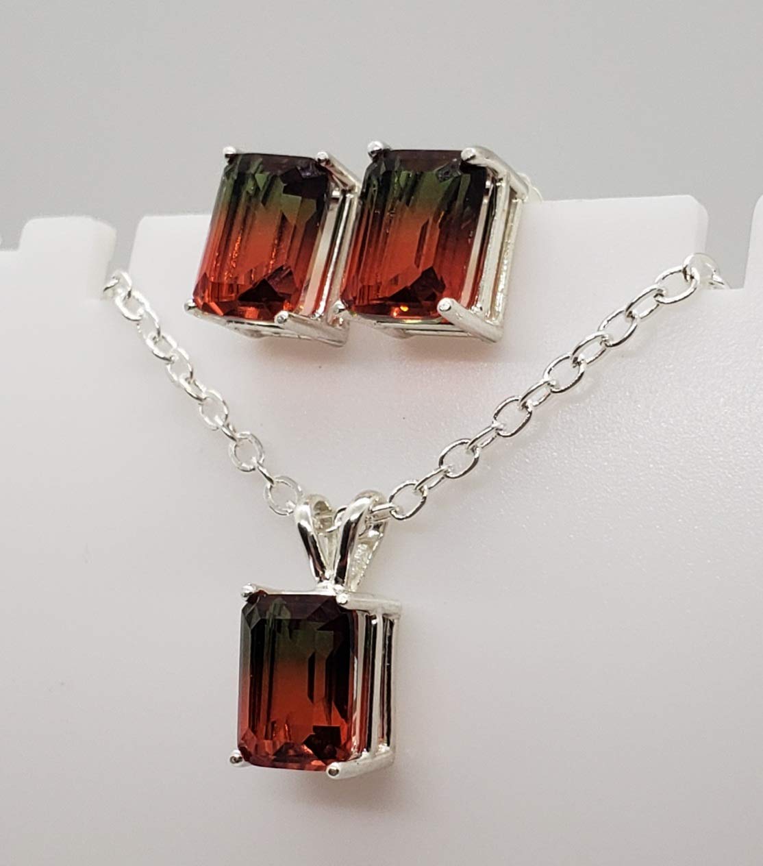Watermelon Tourmaline Sterling Silver Earring and Necklace Set - Dainty Jewelry Gift for Women, Birthstone Jewelry for August - Perfect for Weddings, Parties & Everyday Wear