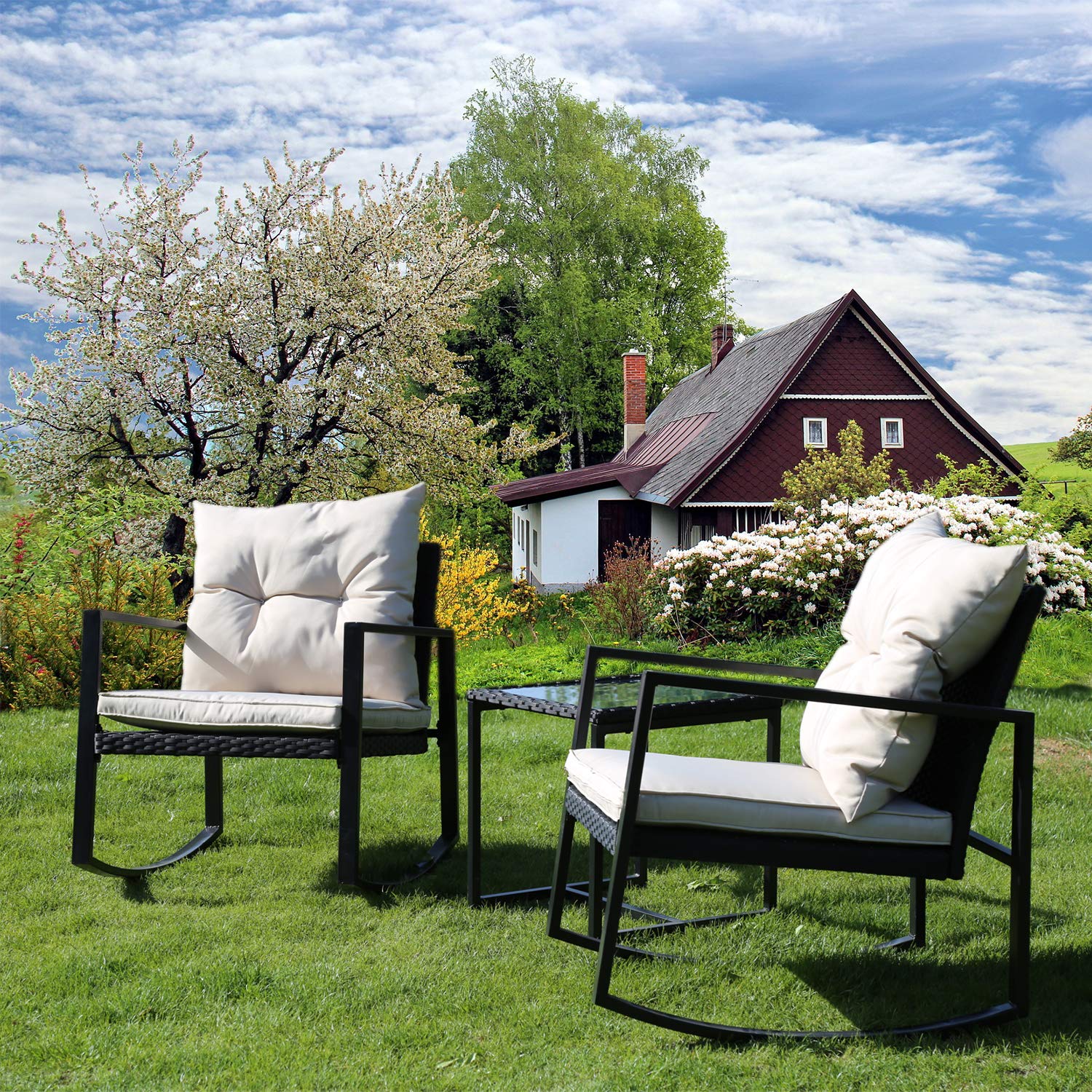 Outdoor Rattan Wicker Bistro Table Set with Rocking Chairs & Coffee Table - Patio Garden Conversation Furniture for Porch, Lawn, Balcony & Backyard (Black) | Perfect for Relaxing, Entertaining & Outdoor Dining