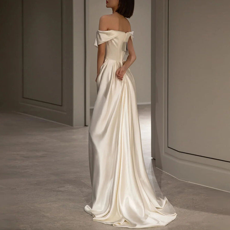 Elegant White Off Shoulder Satin Evening Dress - Vintage 1962 French Style Formal Gown for Prom, Wedding & Special Occasions