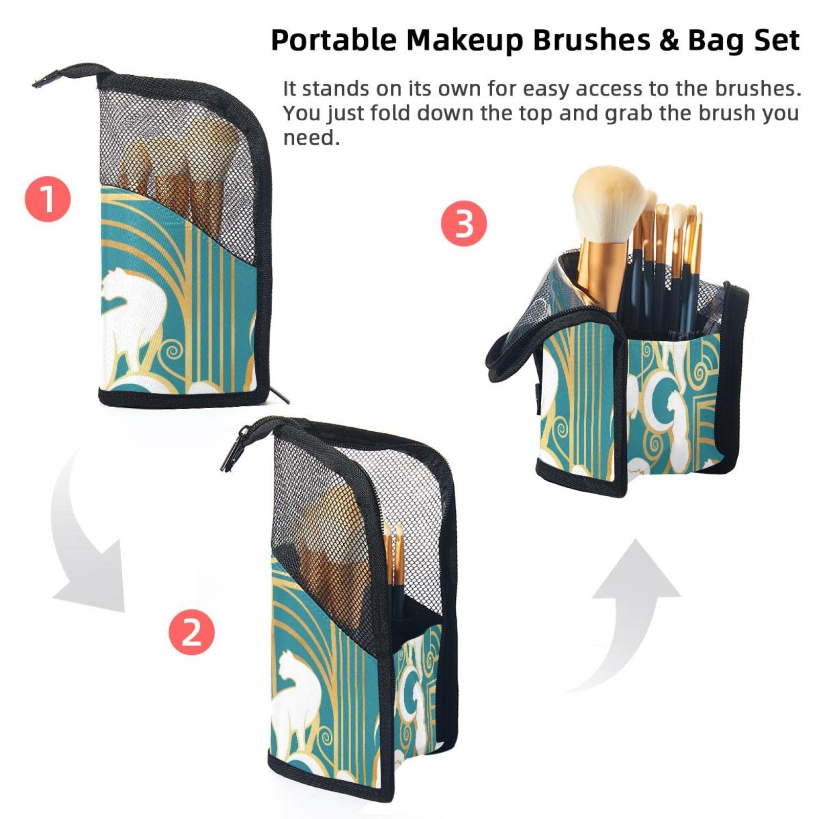 Premium Makeup Brush Organizer Bag with 12 Brushes - Gold Leopard Print Cosmetic Brush Holder Case for Travel & Home Storage | Portable Makeup Brush Storage for Artists & Professionals