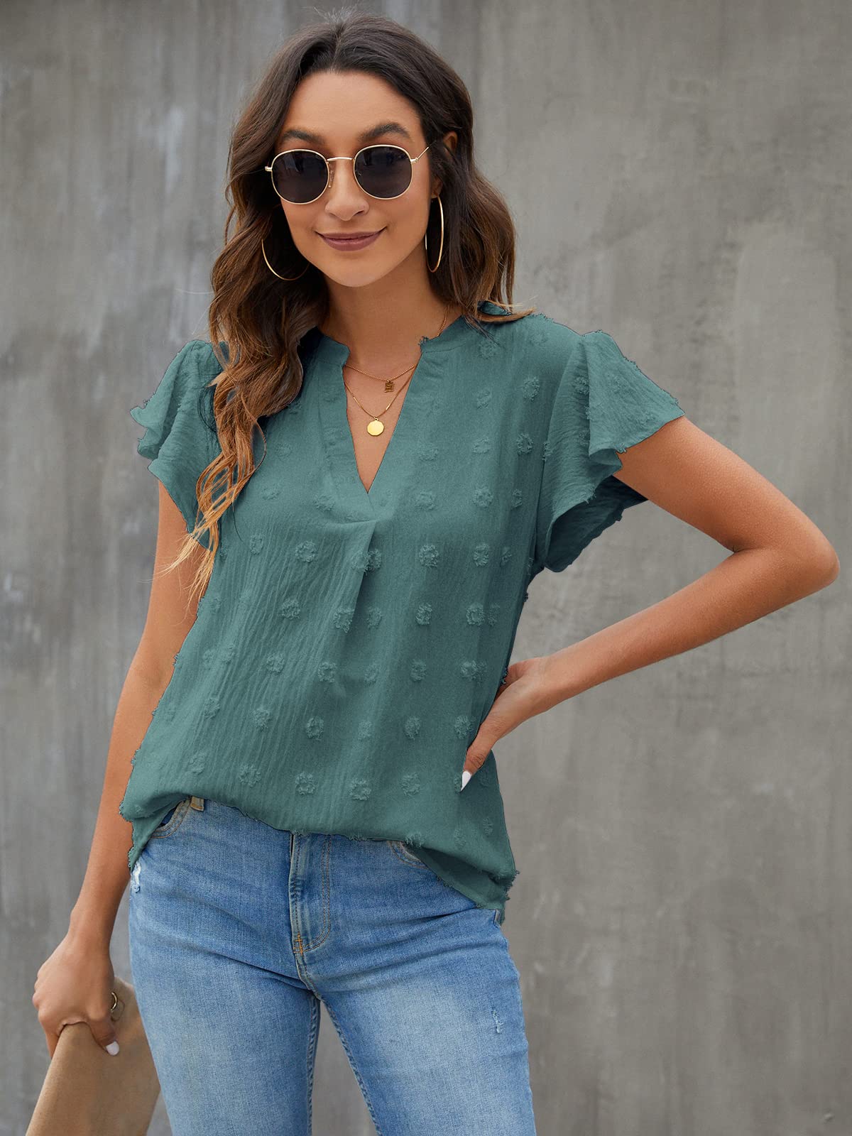 Blooming Jelly Women's White V-Neck Ruffle Sleeve Blouse - Flowy Dressy Casual Summer Top for Office, Date Night & Outdoor Brunch