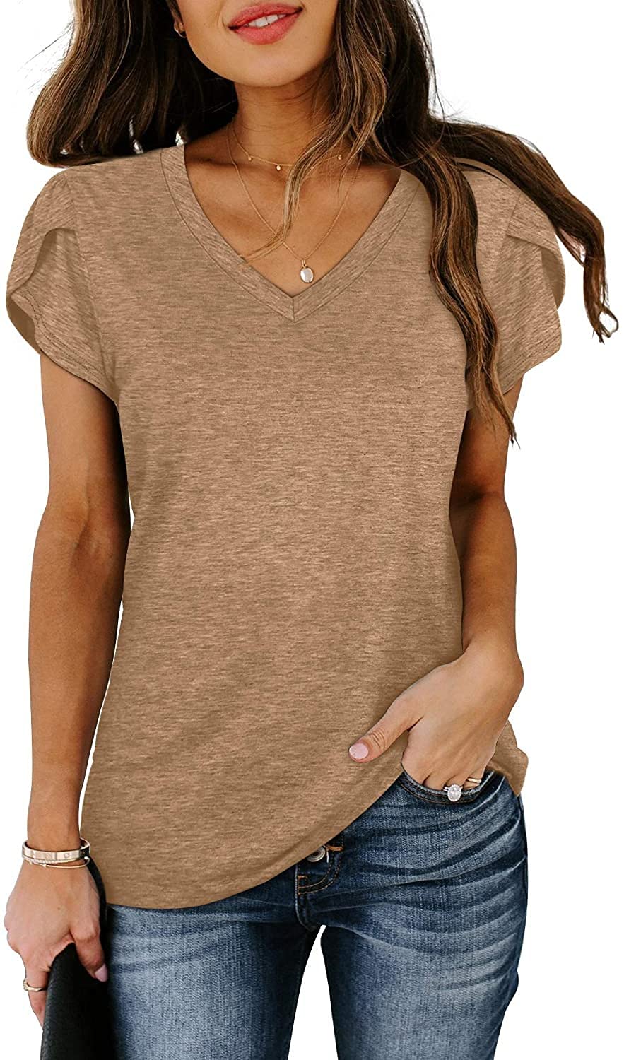 ZAWAPEMIA Women's V-Neck Petal Sleeve T-Shirt - Basic Short Sleeve Blouse for Casual Wear, Office & Summer Outfits