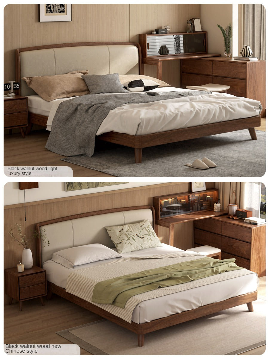 Premium Black Walnut Solid Wood Leather Bed Frame - Luxury Bedroom Furniture Set for Master Bedroom & Guest Room Decor