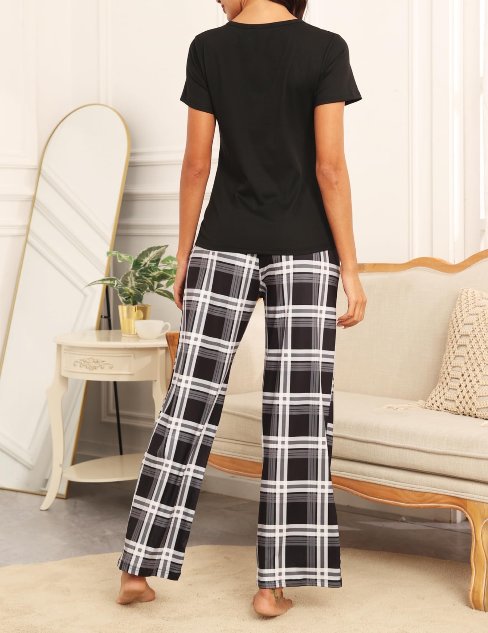 Ekouaer Women's Soft Ribbed Knit Pajama Set - Short Sleeve Button-Down Sleepwear & Lounge Set with Plaid Pattern | Perfect for Sleepovers, Relaxing at Home & Cozy Nights