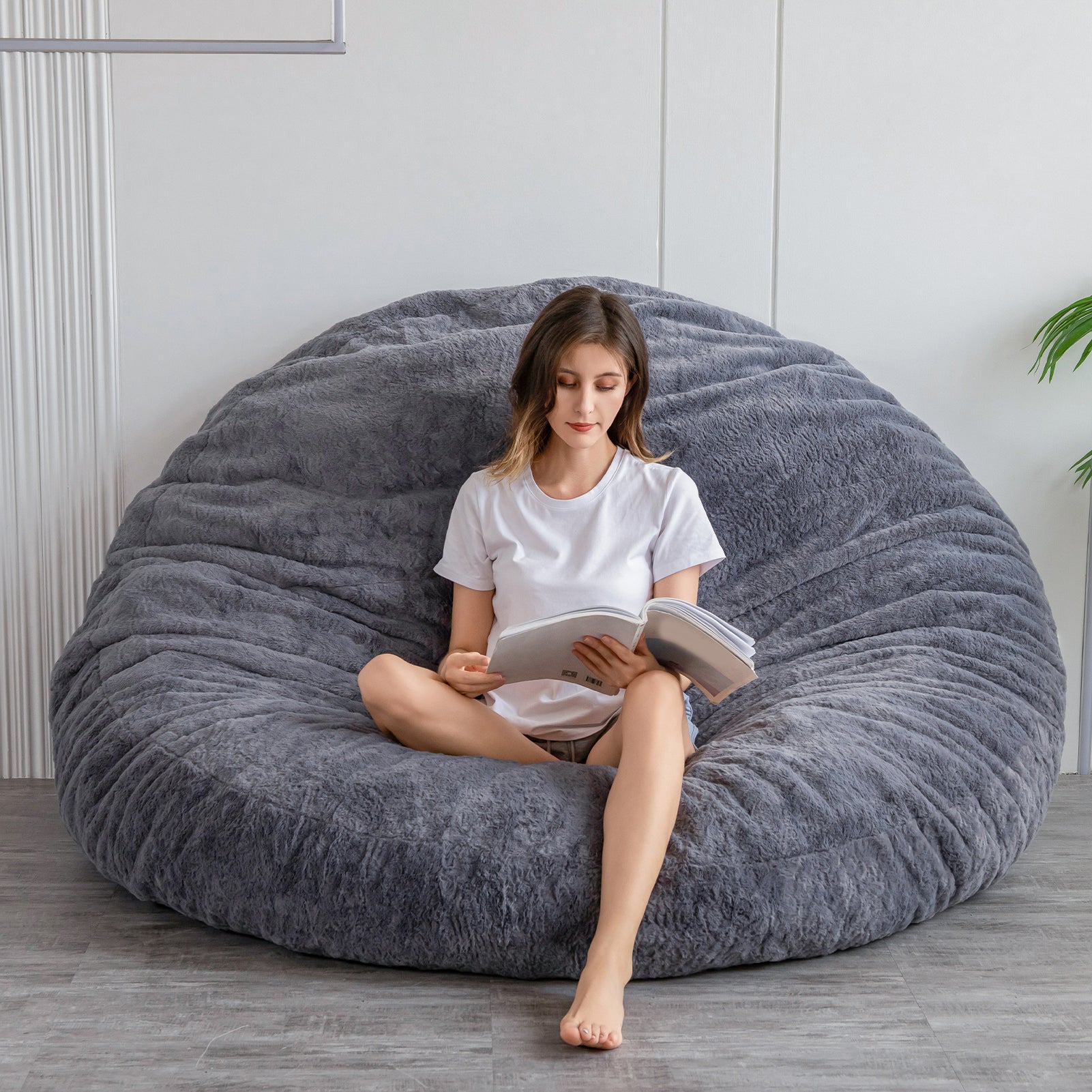 MAXYOYO Giant Fur Bean Bag Chair - Round Fluffy Bean Bag for Adults & Teens, Dark Grey - Perfect for Living Room, Bedroom, Game Room & Dorm Decor