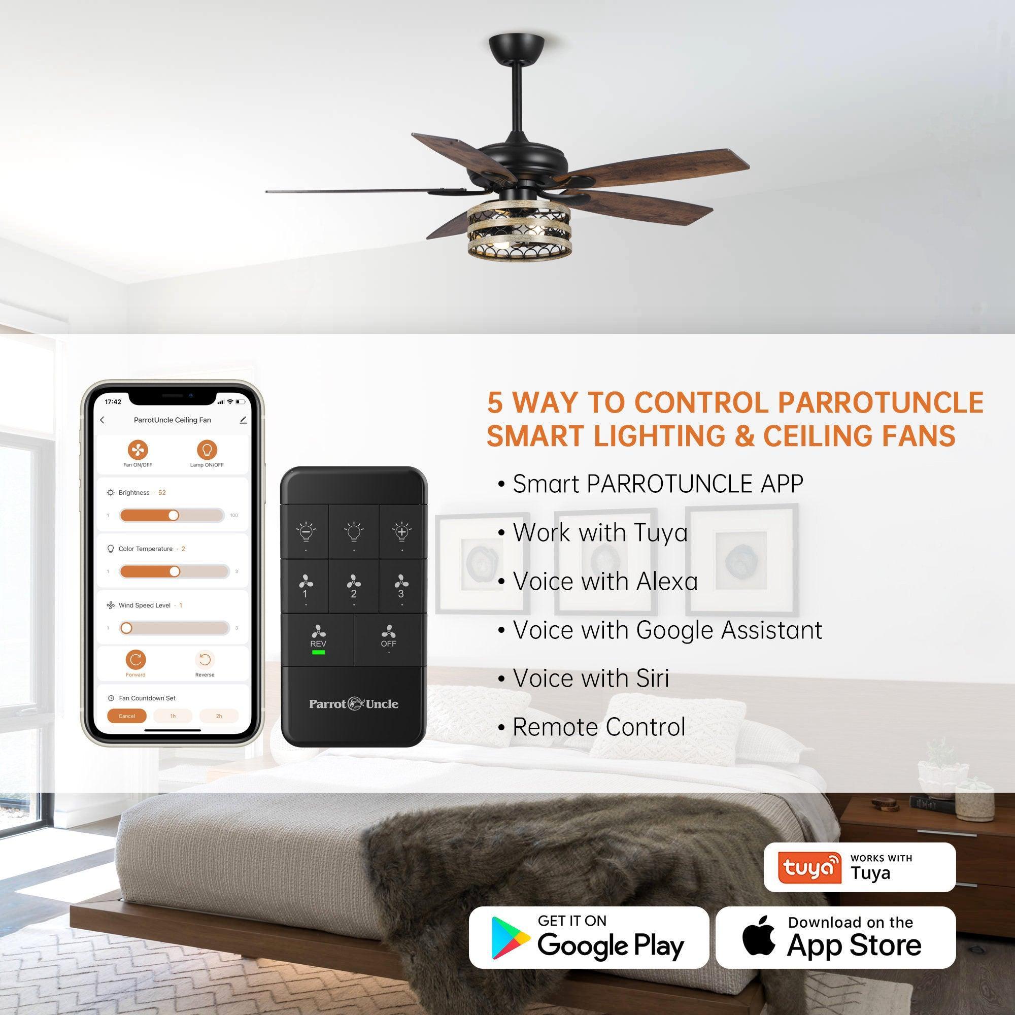 52 Alward Smart Ceiling Fan with LED Light Kit - Remote Control, Dimmable, Energy Efficient - Perfect for Bedroom, Living Room, and Office