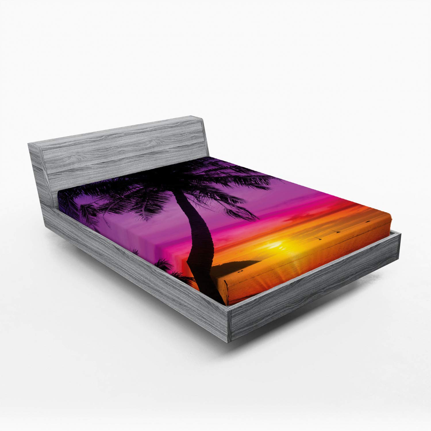 Ambesonne Tropical Fitted Sheet - Palm Tree Sunset Beach Design, Deep Pocket Full Size Bed Cover with All-Round Elastic (Purple, Orange, Black) | Perfect for Summer Bedroom Decor, Beach House & Vacation Home Styling