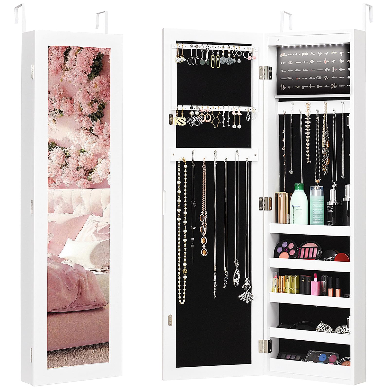 Giantex 12 LED Jewelry Armoire with Full-Length Mirror - Wall Mounted Jewelry Cabinet Organizer with Ring Slots, Earring Holders, Necklace Hooks & 5 Storage Shelves - Large Capacity Jewelry Storage for Bedroom, Closet, Dressing Room & Vanity Organization