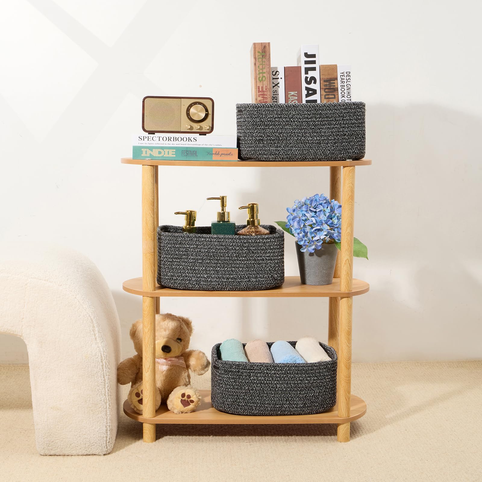 MiniArk Woven Rope Storage Baskets - 3 Pack Dark Gray Organizer Bins (13×8.5×5.1