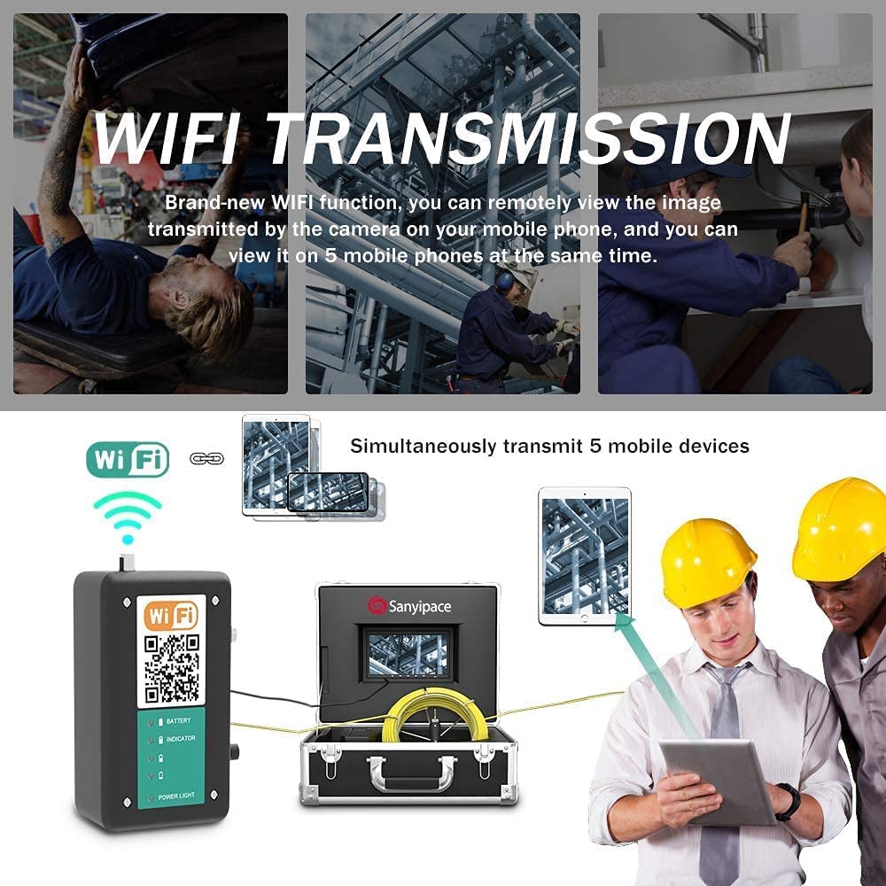 Sanyipace 165FT/50M WiFi Sewer Inspection Camera with Wireless Transmission, IP68 Waterproof Drain Camera with LED Lights & 7