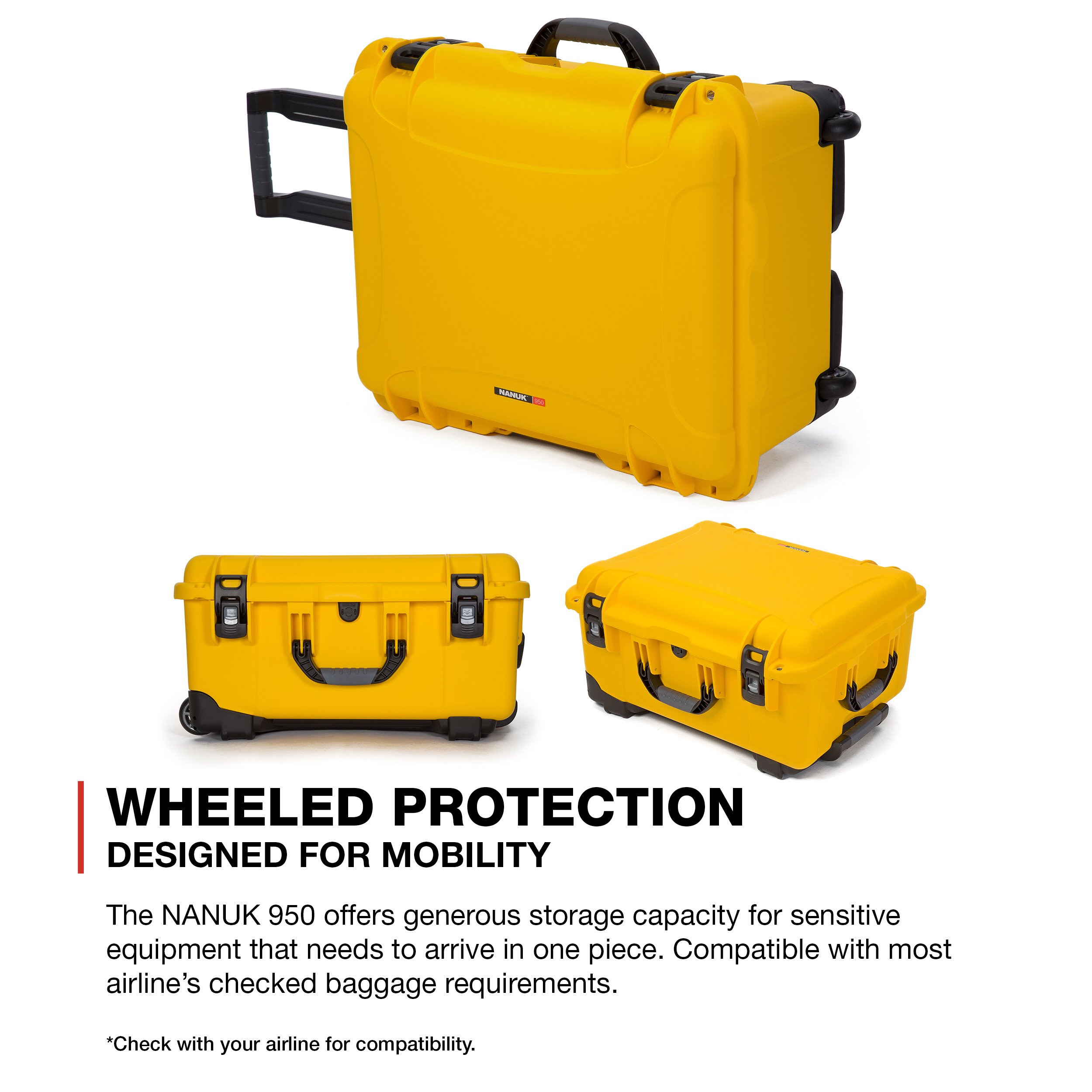 NANUK 950 Waterproof Hard Case with Wheels & Padded Divider - Yellow | Durable Travel & Equipment Protection Case for Outdoor, Photography & Professional Gear