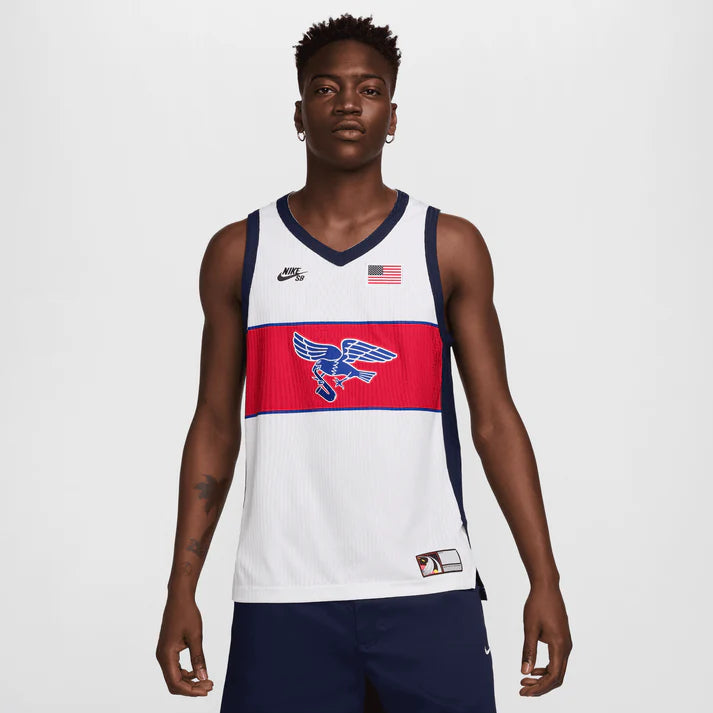Nike SB 2024 Olympics Team USA Sleeveless Skate Jersey - White - Official USA Skateboarding Jersey for Men - Perfect for Skateboarding, Streetwear & Olympic Fan Fashion