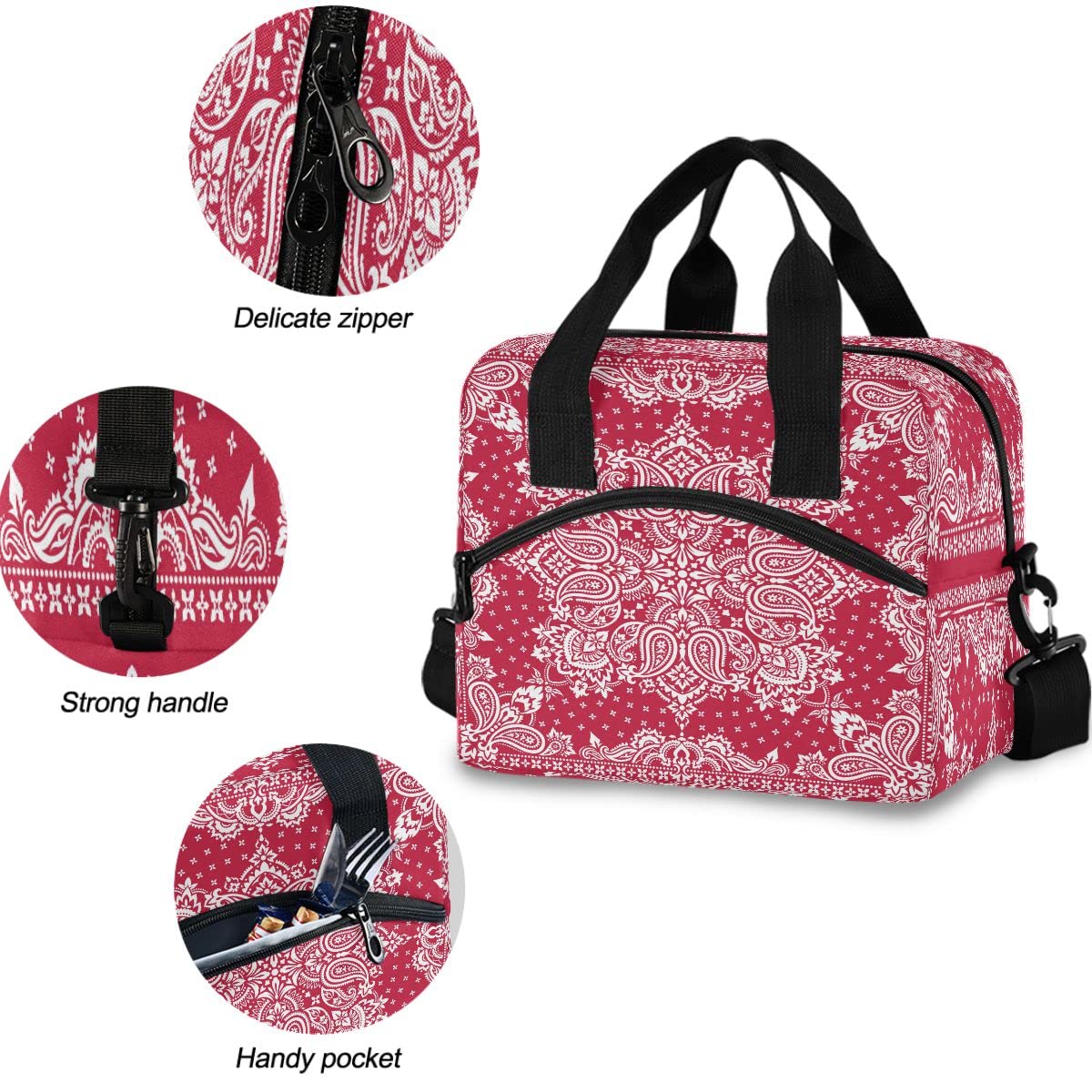 MNSRUU Insulated Lunch Bag - Leakproof Reusable Cooler Tote for Women & Men, Paisley Red Mandala Flower Design, Perfect for Work, School, Picnics & Outdoor Activities