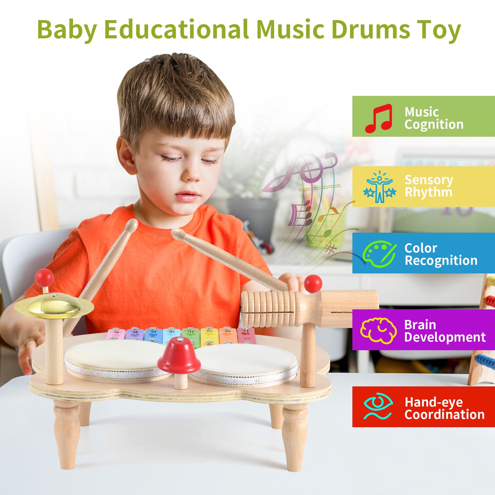 **Ehome 10-in-1 Kids Musical Instruments Set - Wooden Xylophone, Drum, Tambourine & Percussion Toys for Toddlers & Preschoolers - Montessori Learning & Birthday Gift for Boys & Girls - Perfect for Early Childhood Music Education & Playtime Fun**