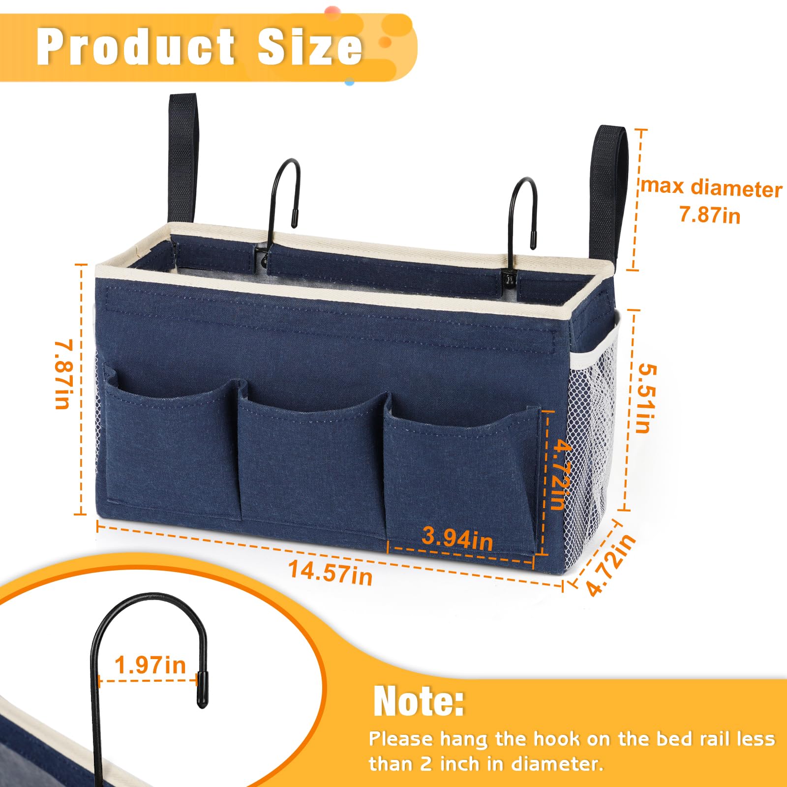 Bedside Caddy Organizer with Fixed Straps & Water Bottle Holder - 2 Pack Navy Blue Storage Pouch for Home, College Dorm, Bunk Bed, Hospital & Crib - Perfect for Books, Phones, Glasses & Essentials