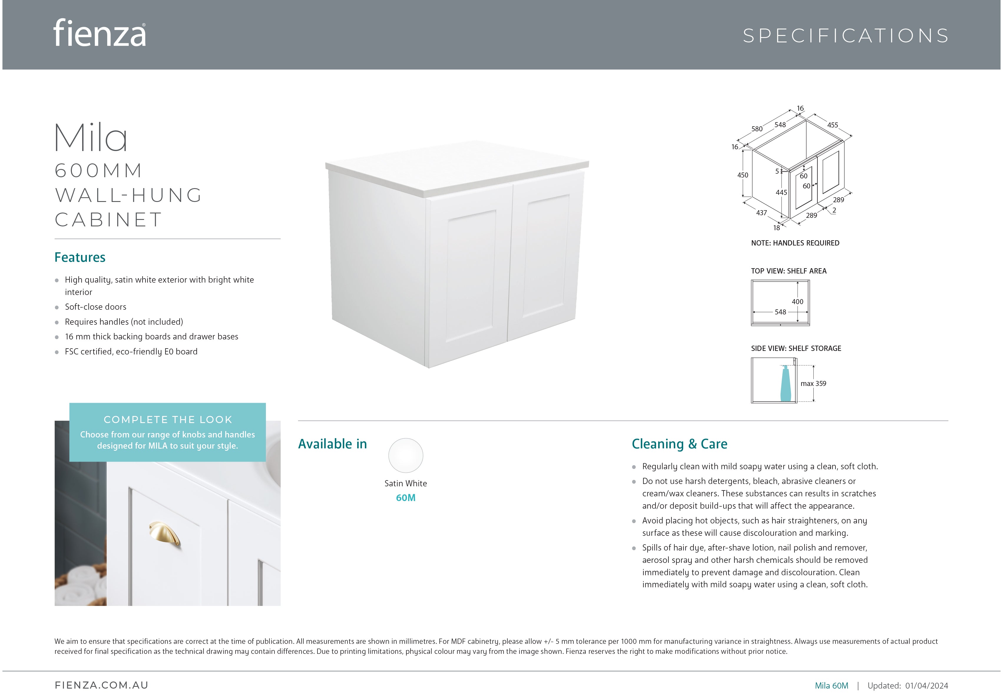 Fienza 60M Mila 600mm Wall Mounted Bathroom Vanity Cabinet Only - Modern Floating Storage for Small Bathrooms & Powder Rooms