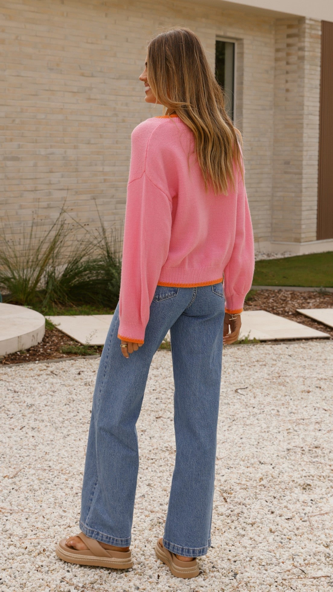 Hazina Tie Long Sleeve Knit Top for Women - Soft Stretchy Casual Blouse in Pink & Orange | Perfect for Office Wear, Date Night & Fall Layering