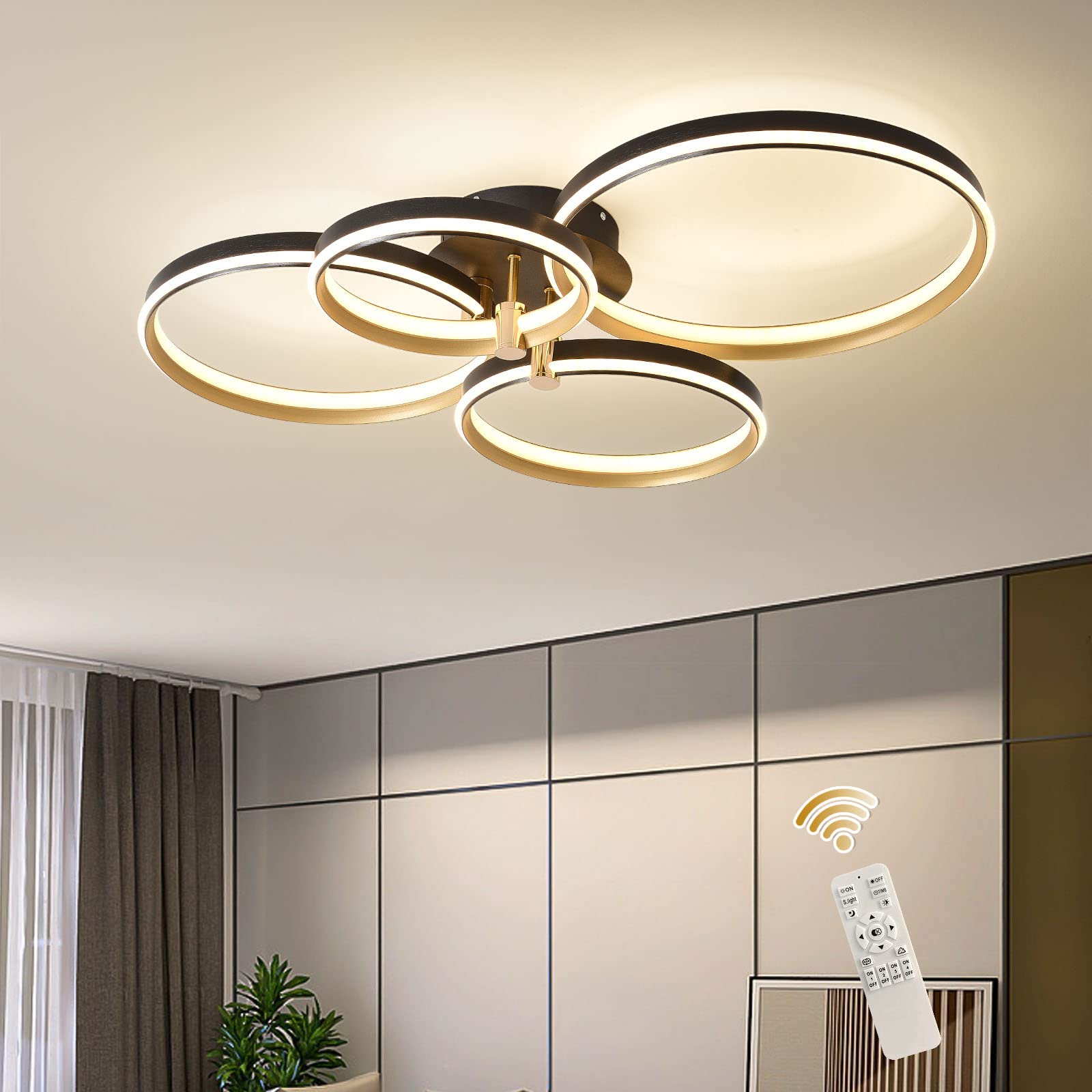 Dimmable LED Ceiling Light with Remote Control - 60W Modern 4 Rings Gold Flush Mount Lighting Fixture for Living Room, Bedroom, Kitchen, Office | 3 Color Temperature Options | Perfect for Ambient, Task & Accent Lighting