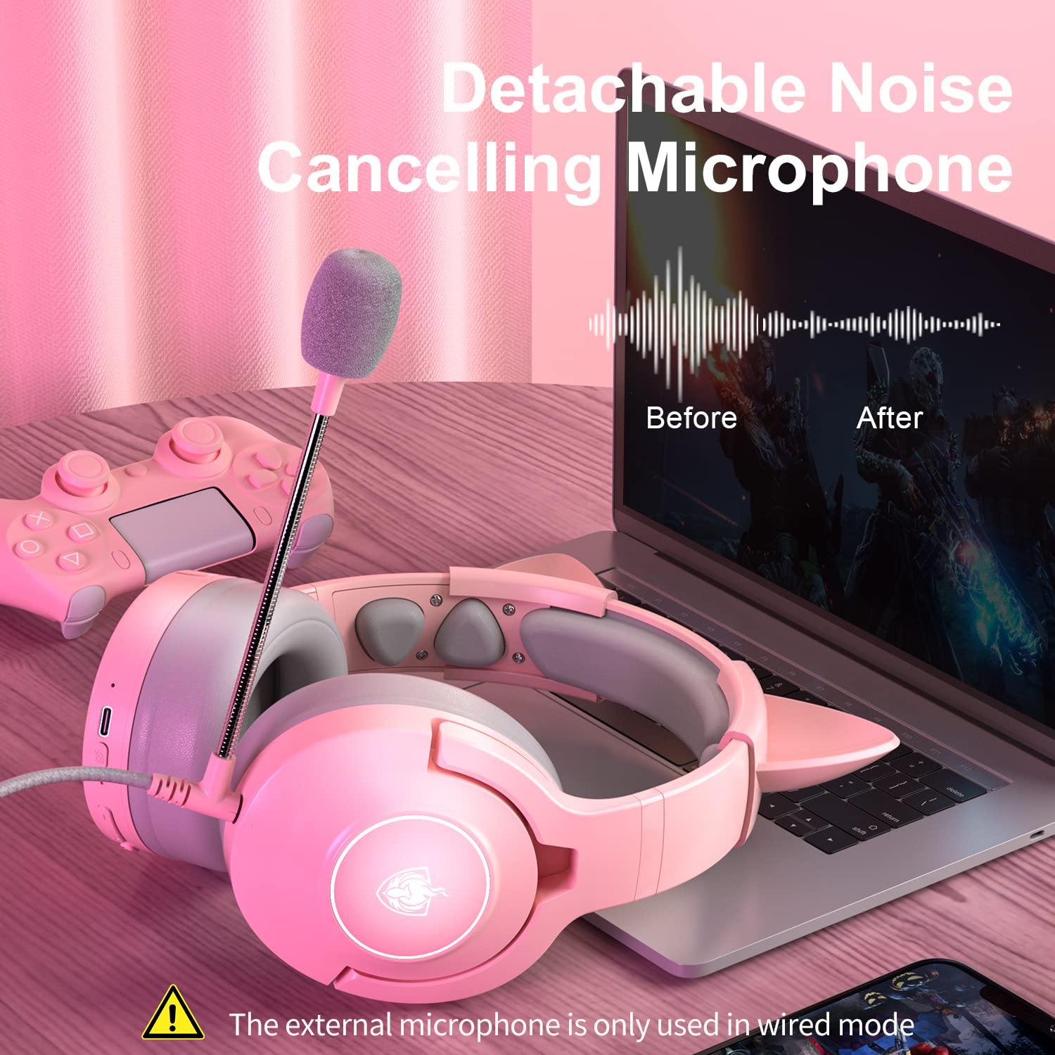 PHOINIKAS PS4 & PS5 Gaming Headset with Detachable Mic - Wireless Bluetooth 5.3 Over-Ear Headphones for PC, Nintendo Switch, Phone, Laptop & Tablet - Noise Cancelling for Immersive Gaming & Music (Pink) | Perfect for Online Gaming, Streaming & Remote Work
