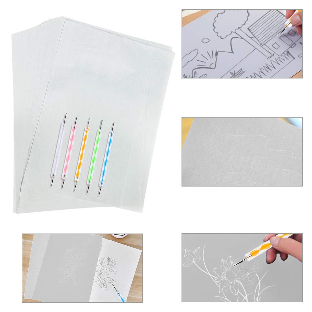 100 Sheets White Carbon Transfer Paper Tracing Paper - 11.7 x 8.3 Inch Carbon Graphite Copy Paper with 5PCS Embossing Stylus Dotting Tools for Canvas, Paper, Wood - Perfect for DIY Woodworking, Hand Painting, Tattoo Stencils & Craft Projects