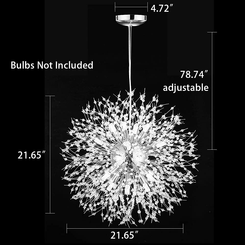 16-Light Modern Chrome Round Firework Pendant Chandelier - Dandelion Crystal Ceiling Light Fixture for Dining Room, Bedroom, Living Room | Elegant Lighting for Home Decor, Wedding Venues & Luxury Spaces