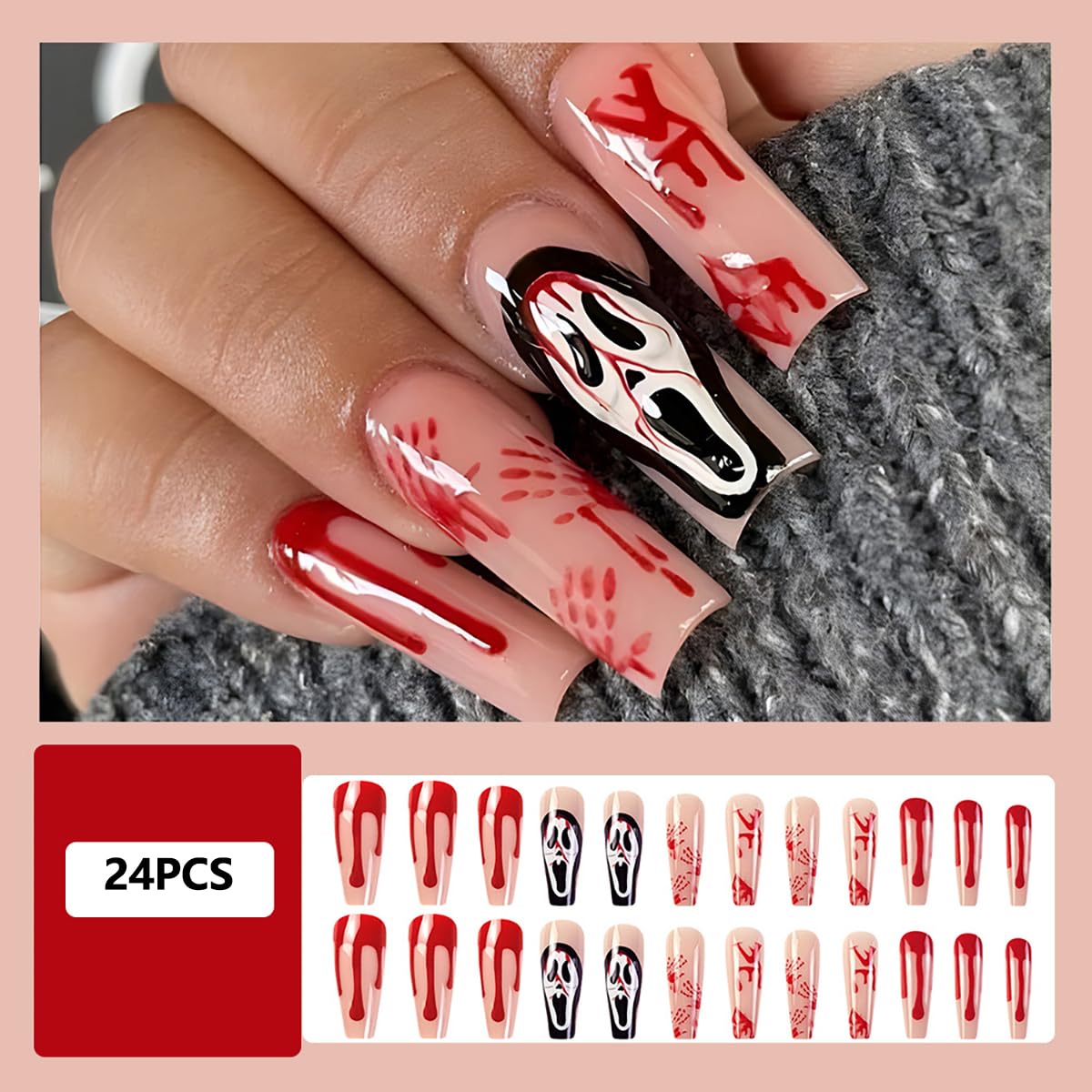 24PCS Halloween Press on Fake Nails - Long Ballet Style Glue on Nails for Women, Girls & Teens with Nail Glue & File - Scary Ketchup Skull Design for Halloween Parties, Costume Events & Spooky Nail Art